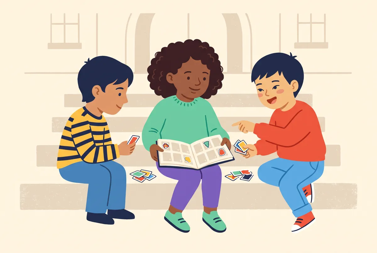 An illustration of three children trading stickers on school steps